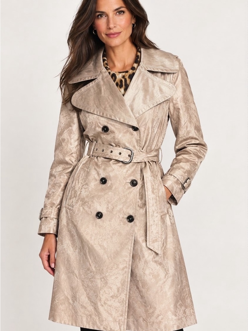 Women’s vintage shimmer crinkly Taupe Trench Coat with Belt size L